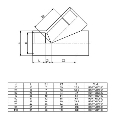 Фитинги ПВХ - Тройник клеевой 45° d75 EFFAST, Италия - 1