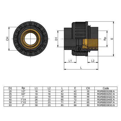 Фітинги ПВХ - Муфта перебірна ПВХ/латунь BР d63x2" EFFAST, Італія - 2