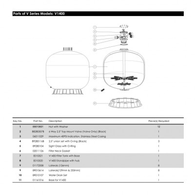 Фильтры - Фильтр Emaux V1200C (56.5м3/ч, 1200мм, 860кг, верх 6 поз. 2.5" клапан 2.5 бар) - 1